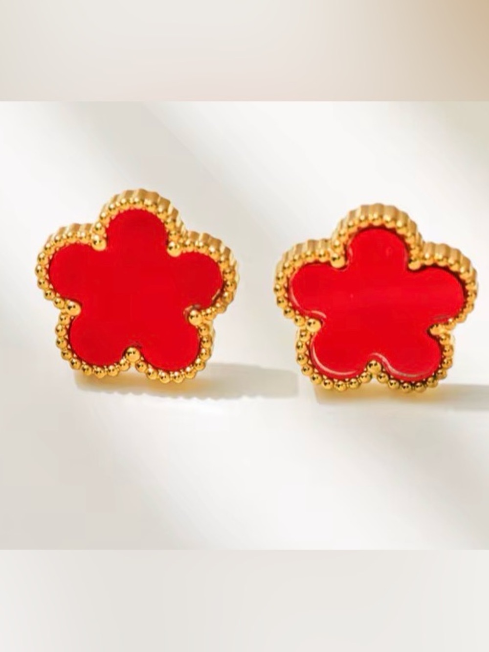 Red Flower Clover-Shaped Gold Trim Stud Earrings